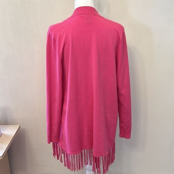 Chelsea & Theodore hot pink open draped cardigan with fringe Size M EUC - Picture 6 of 8